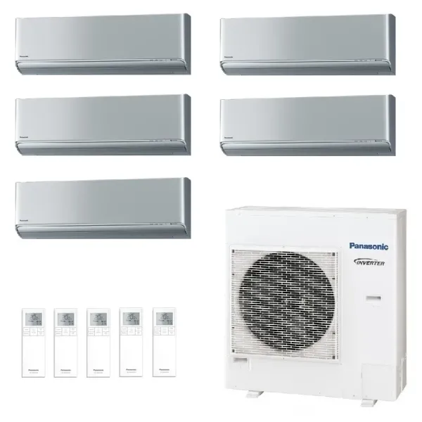 Panasonic Penta Split 2.0+2.0+2.0+2.0+2.0 kW CU-5Z90TBE 4 x CS-XZ20ZKEW + CS-XZ20ZKEW Klimaanlagen WiFi Silber R-32 XZ-ZKEW-7...