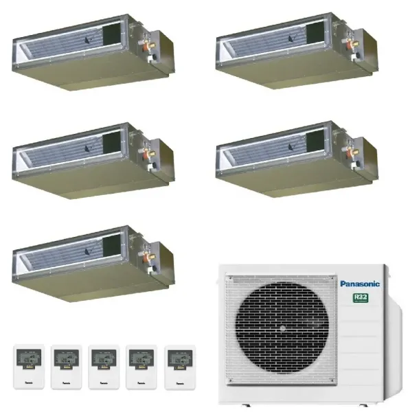 Panasonic Penta Split Kanaleinbaugeräte 2.5+2.5+2.5+2.5+2.5 kW CU-5Z90TBE 4 x CS-Z25UD3EAW + CS-Z25UD3EAW Klimaanlagen R-32 Z...